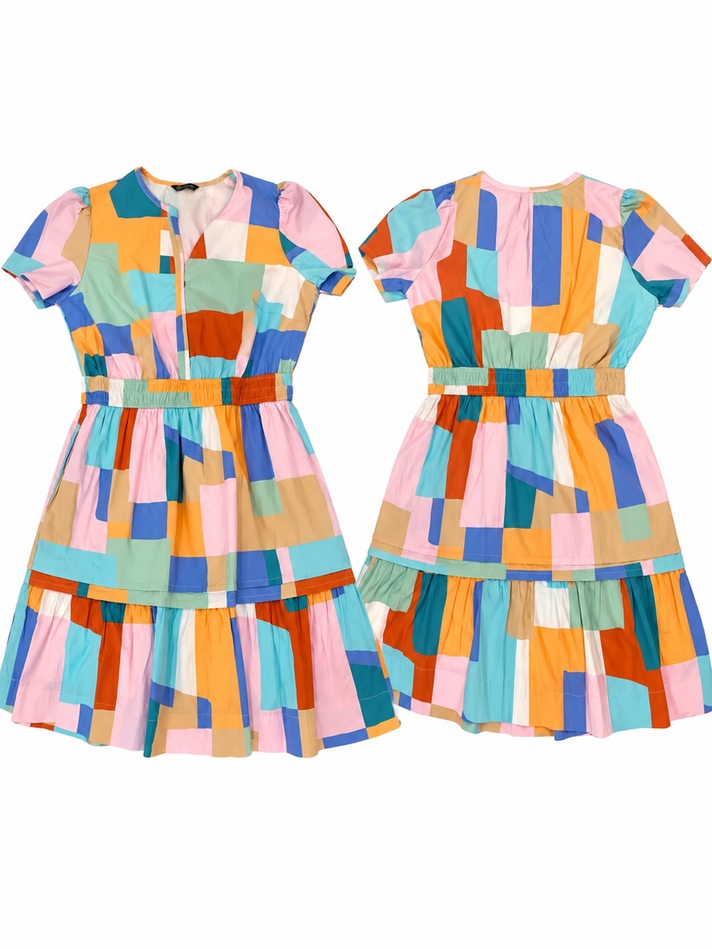 Colorblock Geo Print Midi Dress with Elastic Waist
